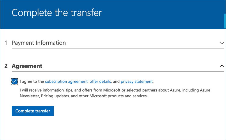Captura de pantalla que muestra la segunda página web de transferencia de suscripción.