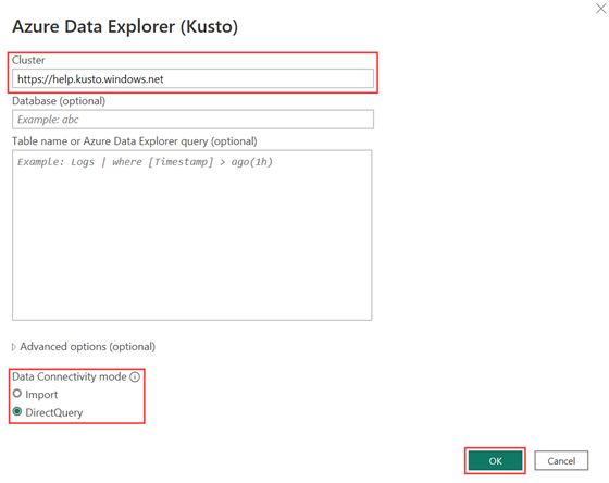 Captura de pantalla de la ventana de conexión de Azure Data Explorer(Kusto) mostrando la URL del clúster de ayuda, con la opción DirectQuery seleccionada.