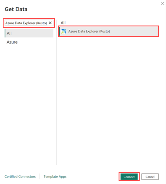 Captura de pantalla de la ventana Obtener datos, mostrando Azure Data Explorer en la barra de búsqueda con la opción de conexión resaltada.