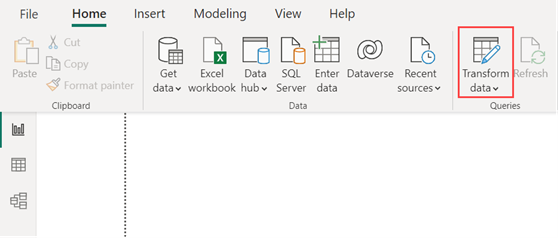 Captura de pantalla de la pestaña Inicio de Power BI Desktop, con la opción pestaña Inicio titulada Transformar datos resaltados.