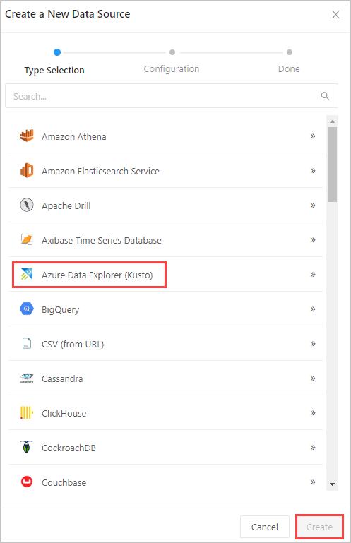 Selección de un origen de datos de Azure Data Explorer.