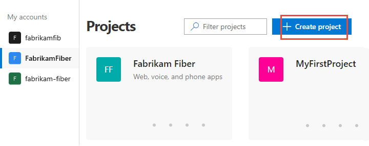 Captura de pantalla que muestra la selección de la página Inicio de la cuenta, Proyectos, Nuevo proyecto.