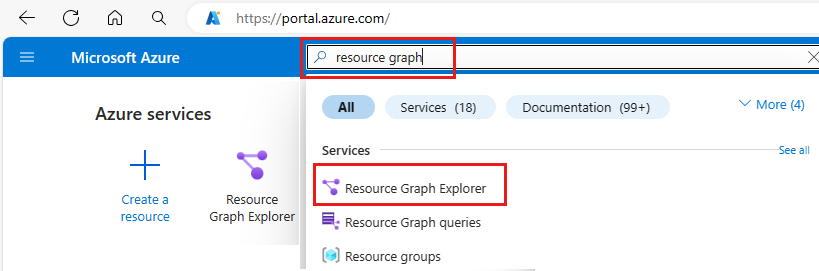 Captura de Azure Portal para buscar un gráfico de recursos.