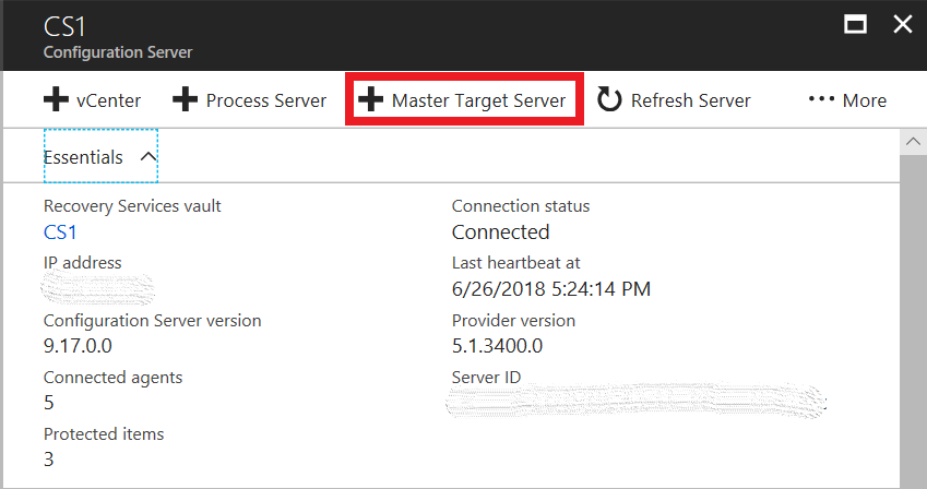 Captura de pantalla que muestra el botón Agregar servidor de destino maestro