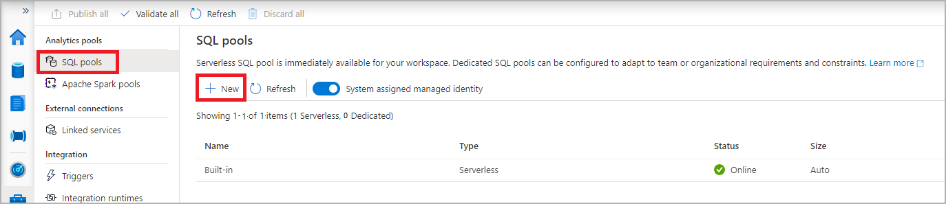 Captura de pantalla del centro de administración de Synapse Studio con la lista de grupos de SQL.