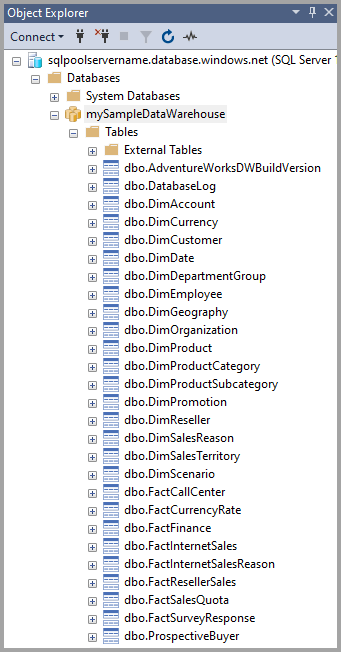 Captura de pantalla del Explorador de objetos de SQL Server Management Studio en la que se muestran objetos de base de datos.