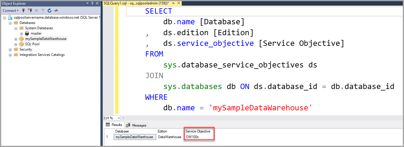 Captura de pantalla del conjunto de resultados de SQL Server Management Studio que muestra la DWU actual en la columna Objetivo de servicio.
