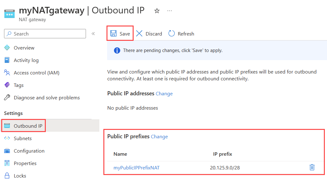 Captura de pantalla de la página de configuración de IP de salida de puerta de enlace NAT en la que se muestra el nuevo prefijo de dirección IP pública.