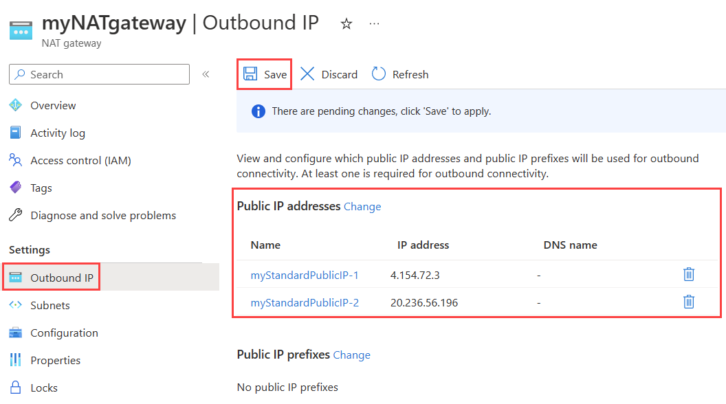 Captura de pantalla de la página de configuración de IP de salida de puerta de enlace NAT en la que se muestra la dirección IP pública agregada.