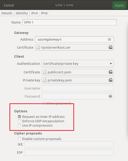Captura de pantalla que muestra la opción de solicitar una dirección IP interna.