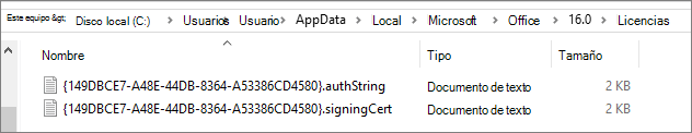 Captura de pantalla de la carpeta Licencias, que muestra los archivos de token de licencia para la activación en equipos compartidos.