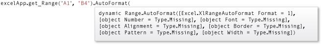 Captura de pantalla en la que se muestra información rápida de IntelliSense para el método AutoFormat.