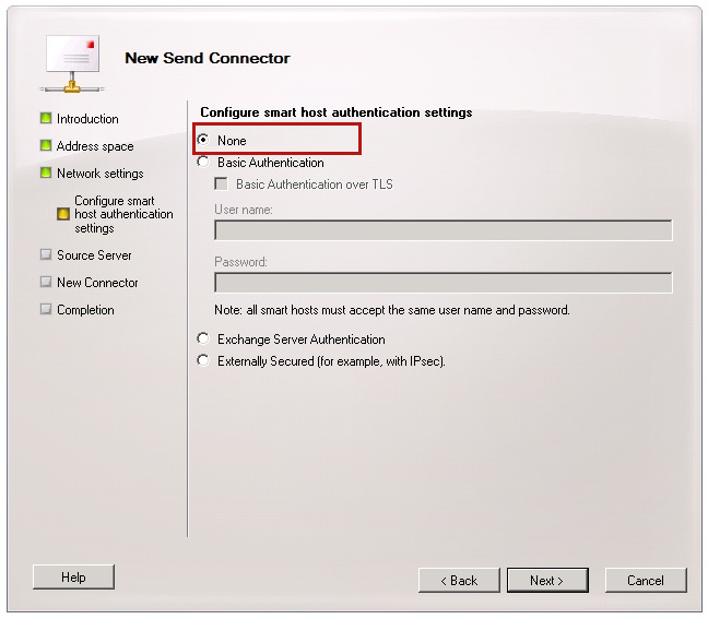 Captura de pantalla de la ventana Nuevo conector de envío seleccionando ninguna para la opción Configurar la configuración de autenticación de host inteligente.
