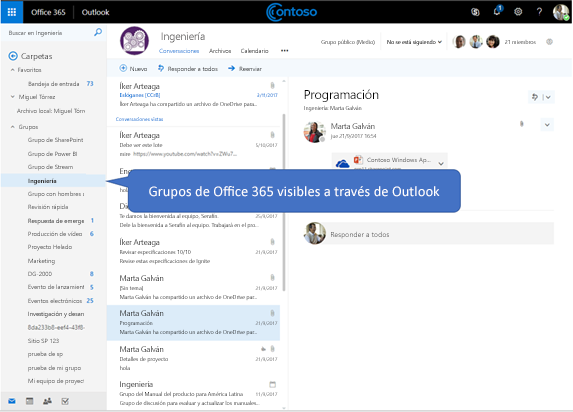 Captura de pantalla de Outlook en la web con grupos que aparecen en la carpeta Grupos