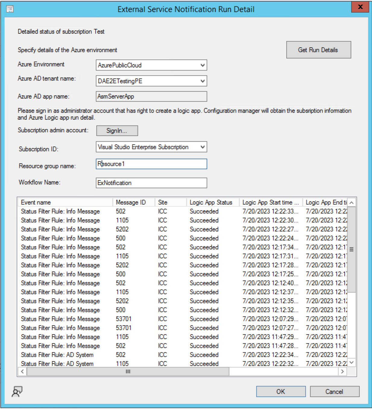 Captura de pantalla de los detalles de ejecución del Asistente para notificaciones de servicio externo.