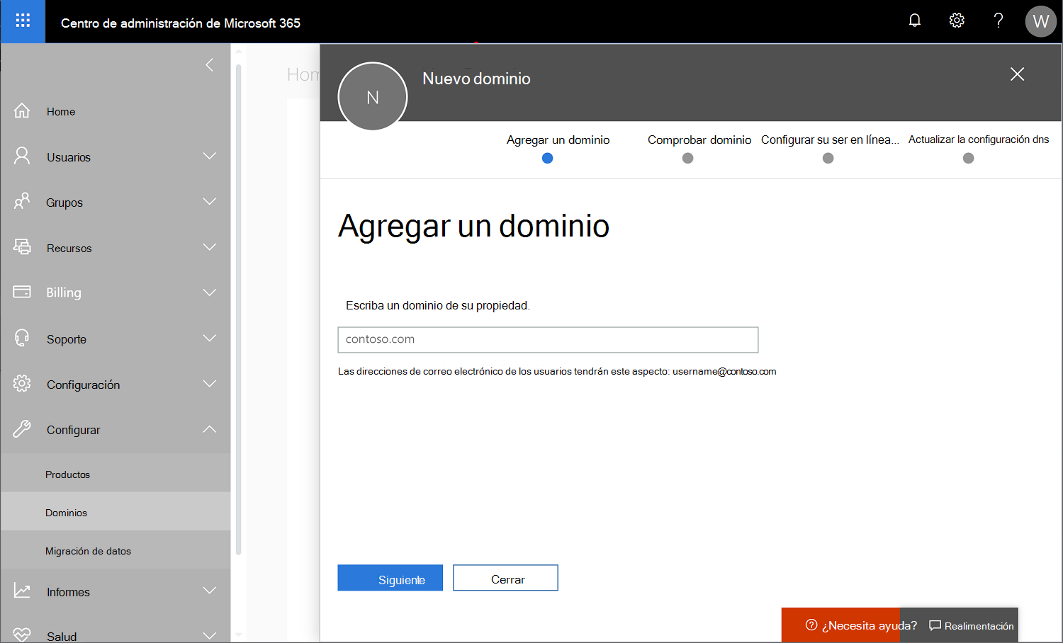 Captura de pantalla de Centro de administración de Microsoft 365 con dominios de configuración > seleccionados y un nuevo nombre de dominio que se va a agregar