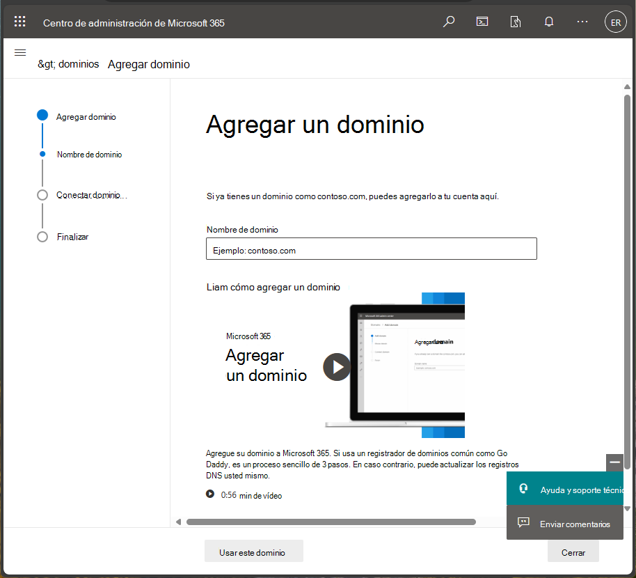 Captura de pantalla del Centro de administración de Microsoft 365: Agregar dominio