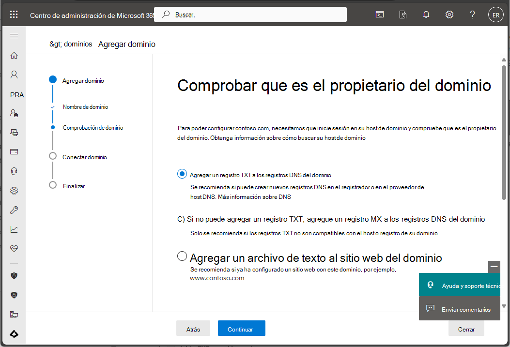 Captura de pantalla del Centro de administración de Microsoft 365: Verificar dominio