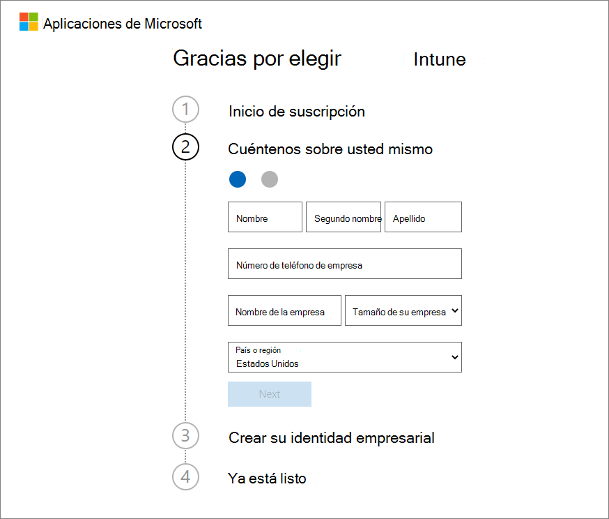 Captura de pantalla de la página Cuenta de configuración de Microsoft Intune: agregue los datos de la cuenta