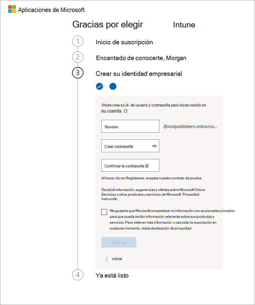 Captura de pantalla de la página configurar la cuenta de Microsoft Intune: detalles de confirmación