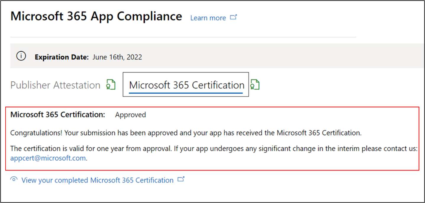 Cuadro de diálogo que muestra que se ha aprobado la renovación de la certificación de Microsoft 365.