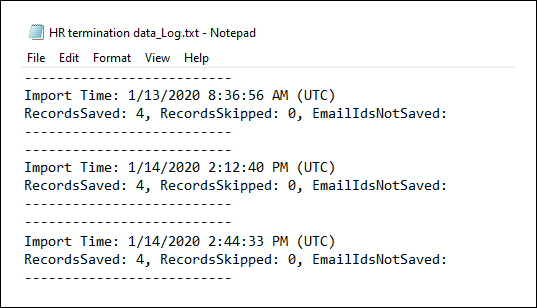 El archivo de registro del conector de RR. HH. muestra el número de filas del archivo CSV que se cargaron.