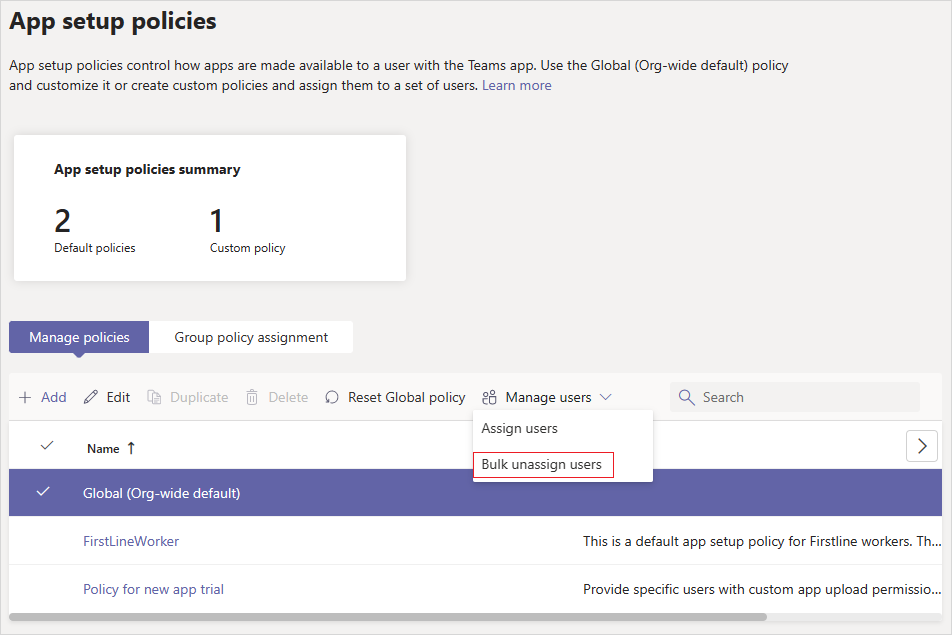 Captura de pantalla que muestra la opción de anular la asignación masiva de usuarios en el menú Administrar usuario.