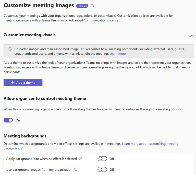 Captura de pantalla de directivas de personalización de reuniones de Teams en el Centro de administración de Teams.