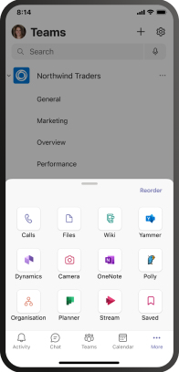 Captura de pantalla que muestra la barra de la aplicación en el cliente móvil de Teams.