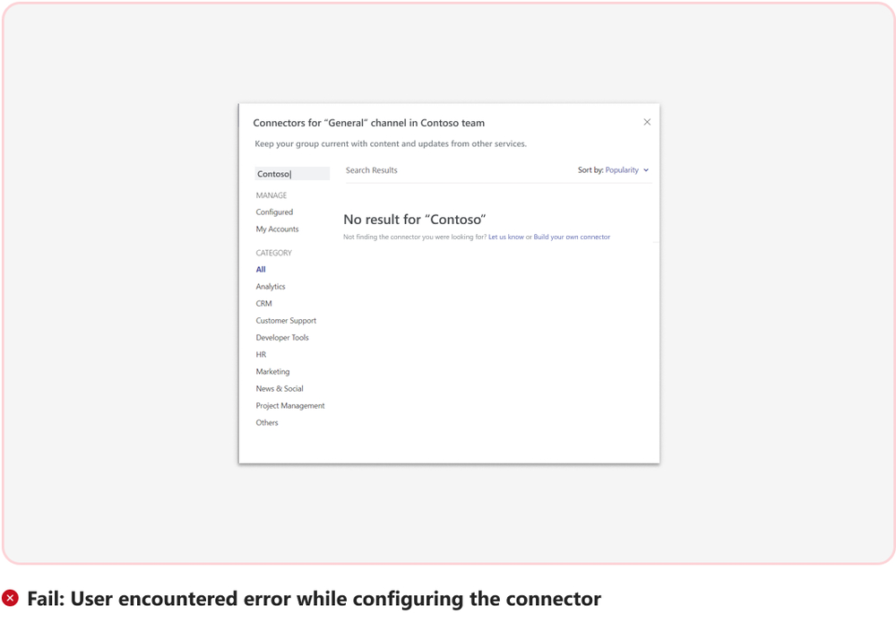Captura de pantalla que muestra un error mientras el usuario configura el conector.