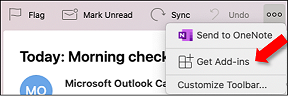 Outlook en Mac apuntando al botón Obtener complementos desde el botón de puntos suspensivos.