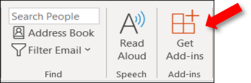 Outlook en Windows cinta de opciones que apunta al botón Obtener complementos.