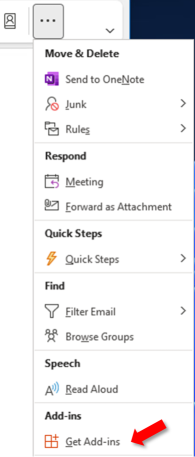 Outlook en Windows el botón Obtener complementos desde el botón de puntos suspensivos.