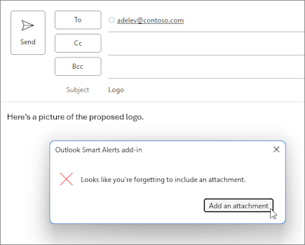 Cuadro de diálogo con un botón No enviar personalizado que solicita al usuario que agregue datos adjuntos al mensaje.