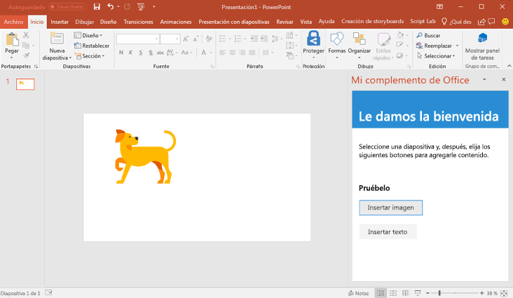 PowerPoint con una imagen de un perro que se muestra en la diapositiva.