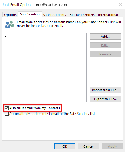 Captura de pantalla de la opción También confiar en el correo electrónico de mis contactos.