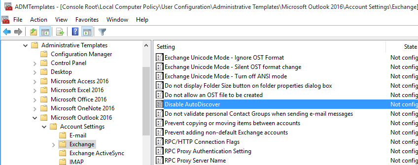 Deshabilite el objeto directiva de grupo de detección automática para Outlook 2016.