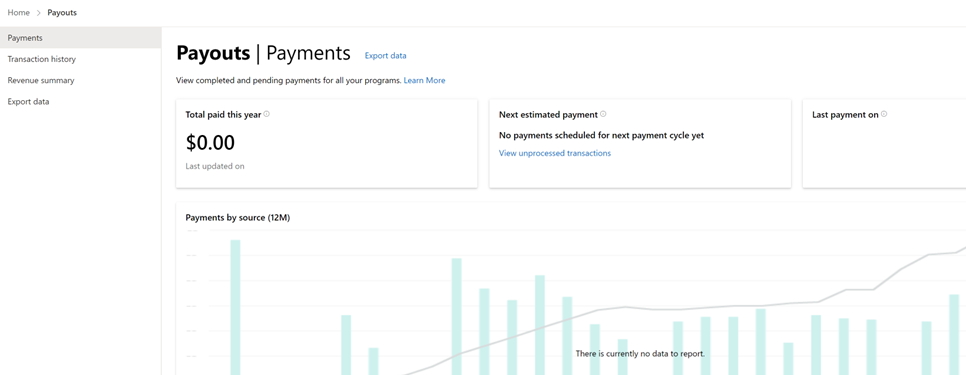 Illustrates the Payout icon in the upper right corner of the Partner Center portal.