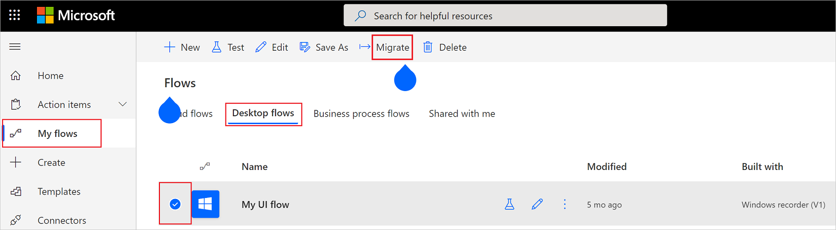 Captura de pantalla que muestra la opción de migración para un flujo de escritorio.