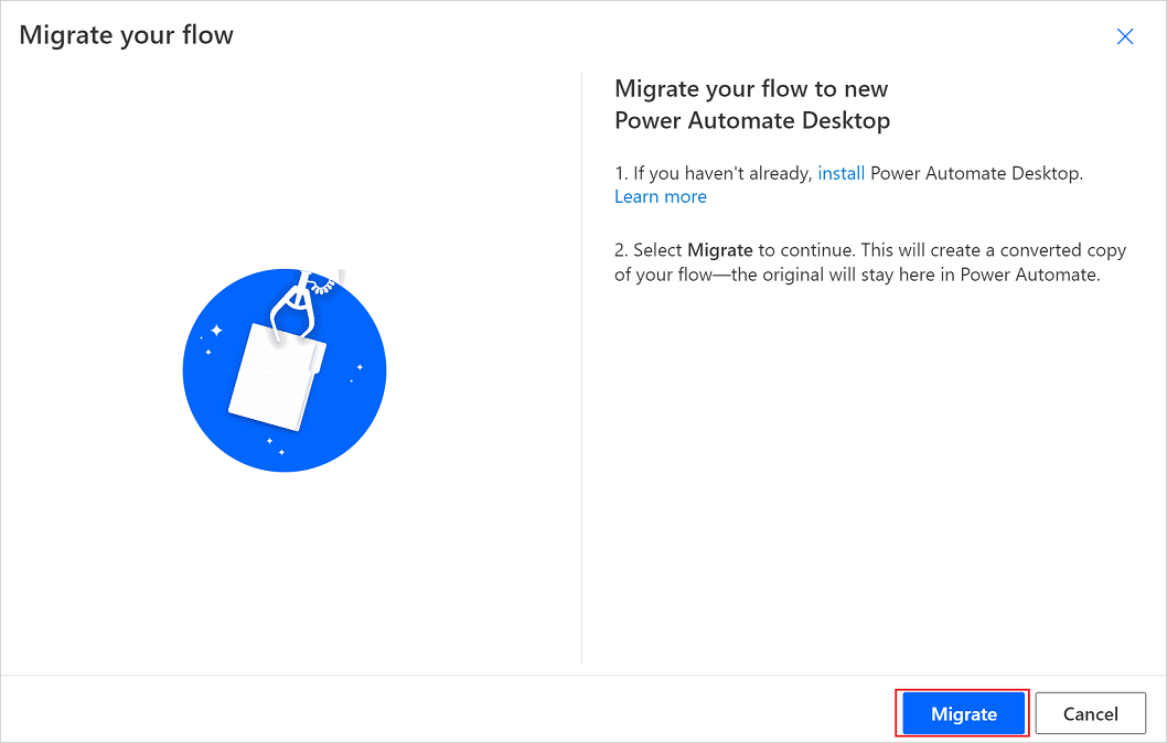 Captura de pantalla que muestra el botón Migrar.