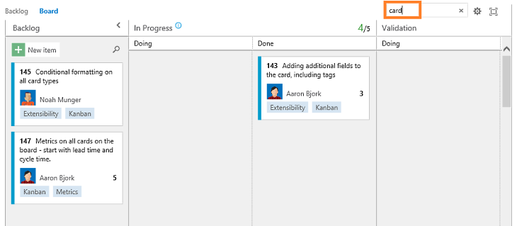 Entering filter text on the Kanban board