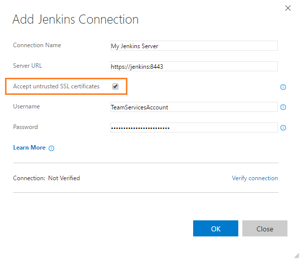 Adding a Jenkins connection with untrusted SSL certificates