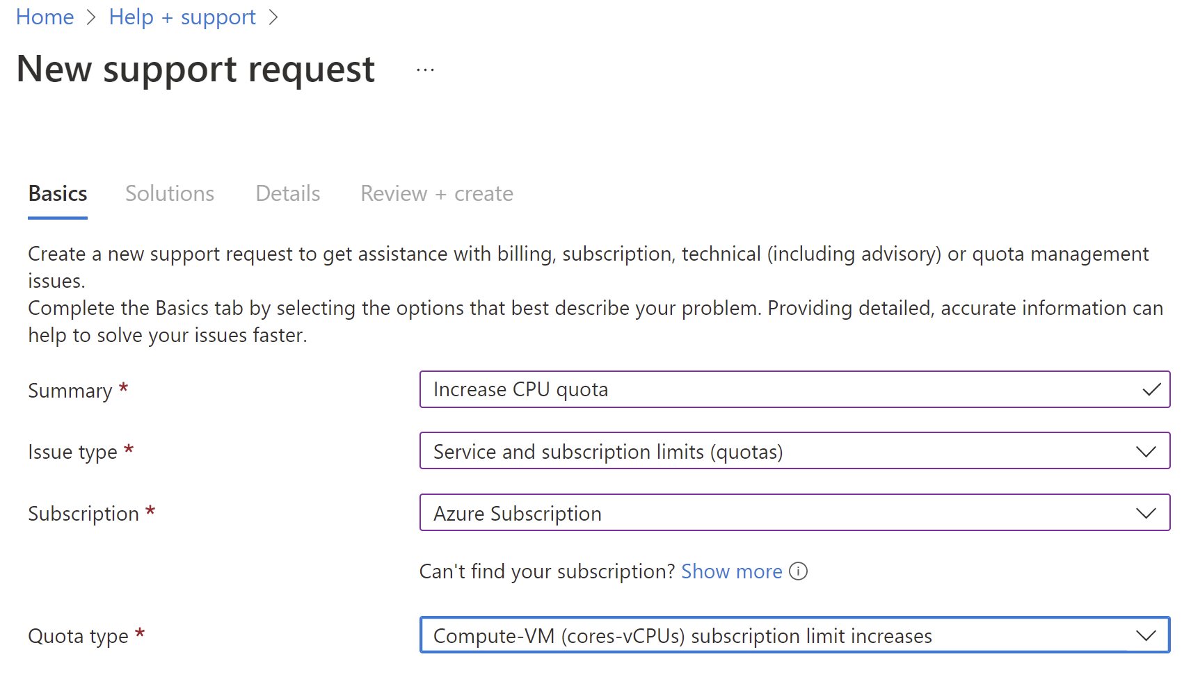 Captura de pantalla de la nueva información de solicitud de soporte técnico en la pestaña Aspectos básicos.