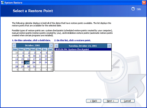 Captura de pantalla de la página Seleccionar un punto de restauración.