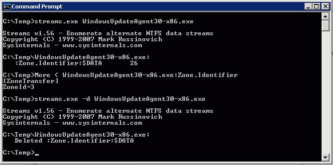 Captura de pantalla que muestra la salida de los comandos streams.exe y More.