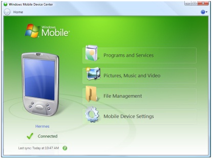 Captura de pantalla de la ventana del Centro de dispositivos de Windows Mobile.