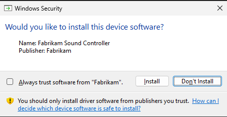 captura de pantalla del cuadro de diálogo de seguridad de Windows para un controlador que tiene una confianza desconocida.