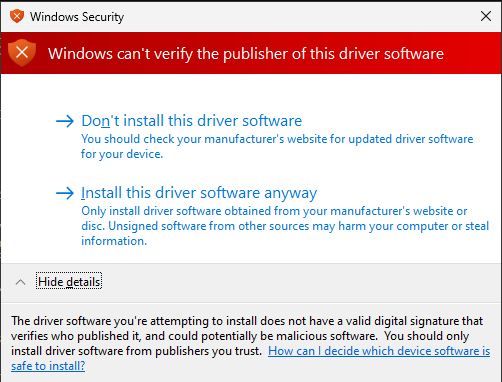 captura de pantalla del cuadro de diálogo de seguridad de Windows para un controlador que no tiene una firma válida.