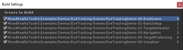 Menú de escena de configuración de compilación para ejemplos de seguimiento ocular