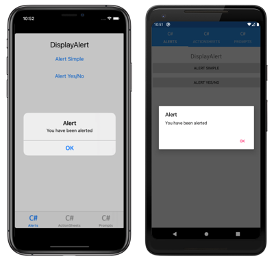 Alert dialog with one button, on iOS and Android
